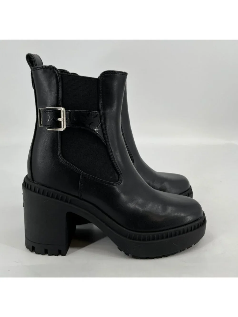 Calvin Klein Fayth 2 Ankle Boots Black Size 6M Faux Leather Buckle Lug Sole